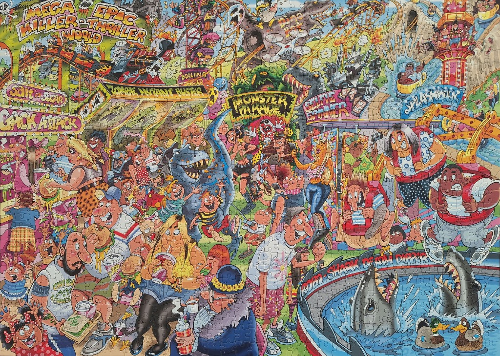 Cartoon-style amusement park scene with roller coasters, a dinosaur, sharks, and many excited people.