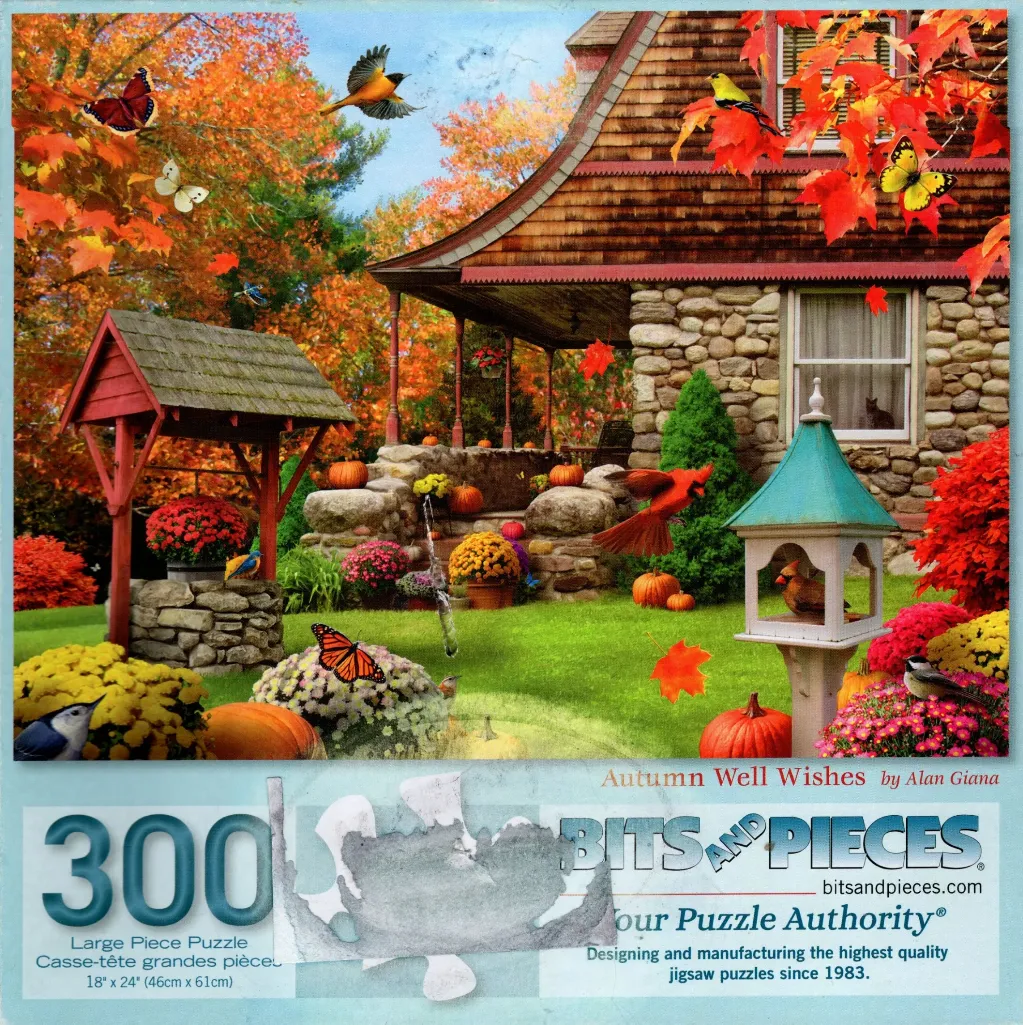 A cozy stone cottage in autumn with a wishing well, colorful fall foliage, pumpkins, and many birds and butterflies.