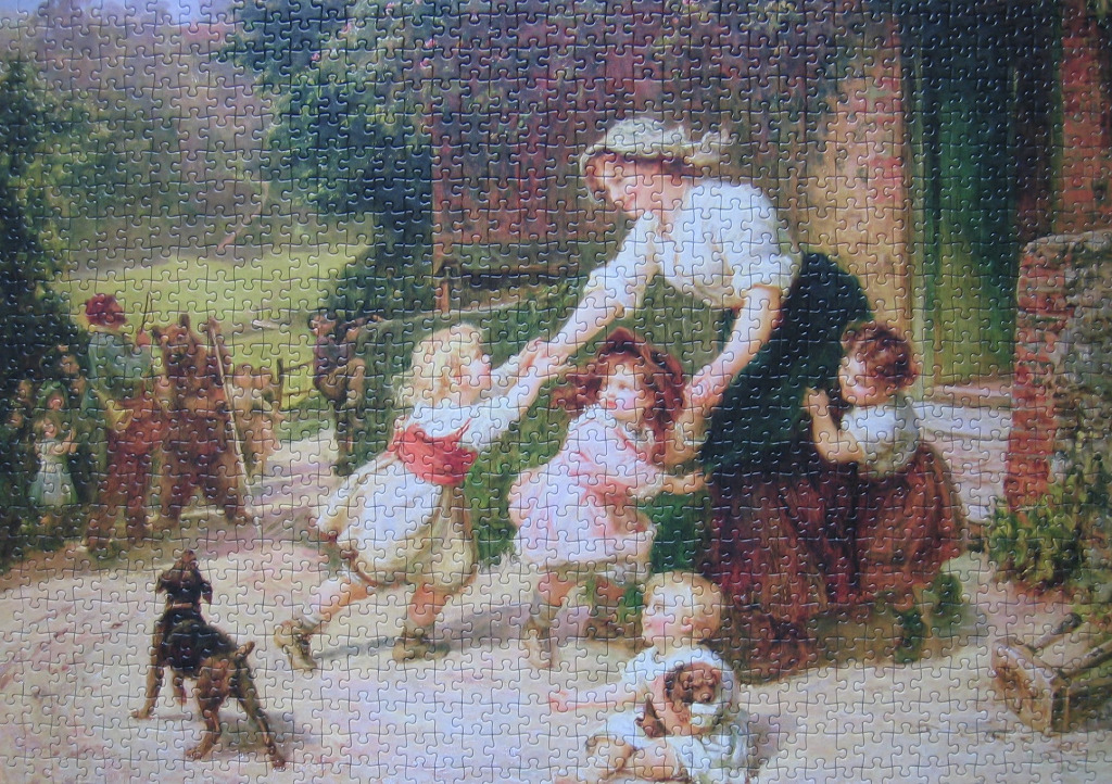 A Victorian-era illustration of a mother dancing with her children in a garden while a performer with a bear watches.