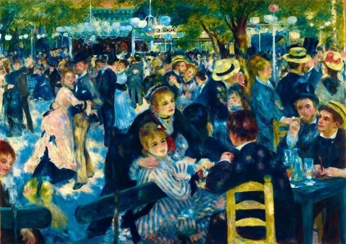 Impressionist painting of a crowded outdoor dance hall with people socializing and dancing under dappled sunlight.