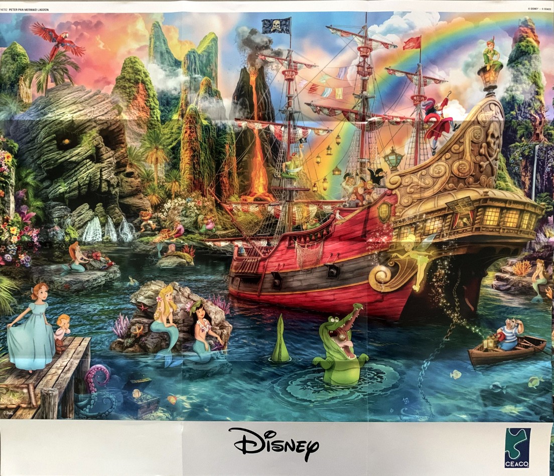 A detailed fantasy illustration of a pirate ship in a tropical lagoon with Peter Pan, mermaids, and a crocodile.