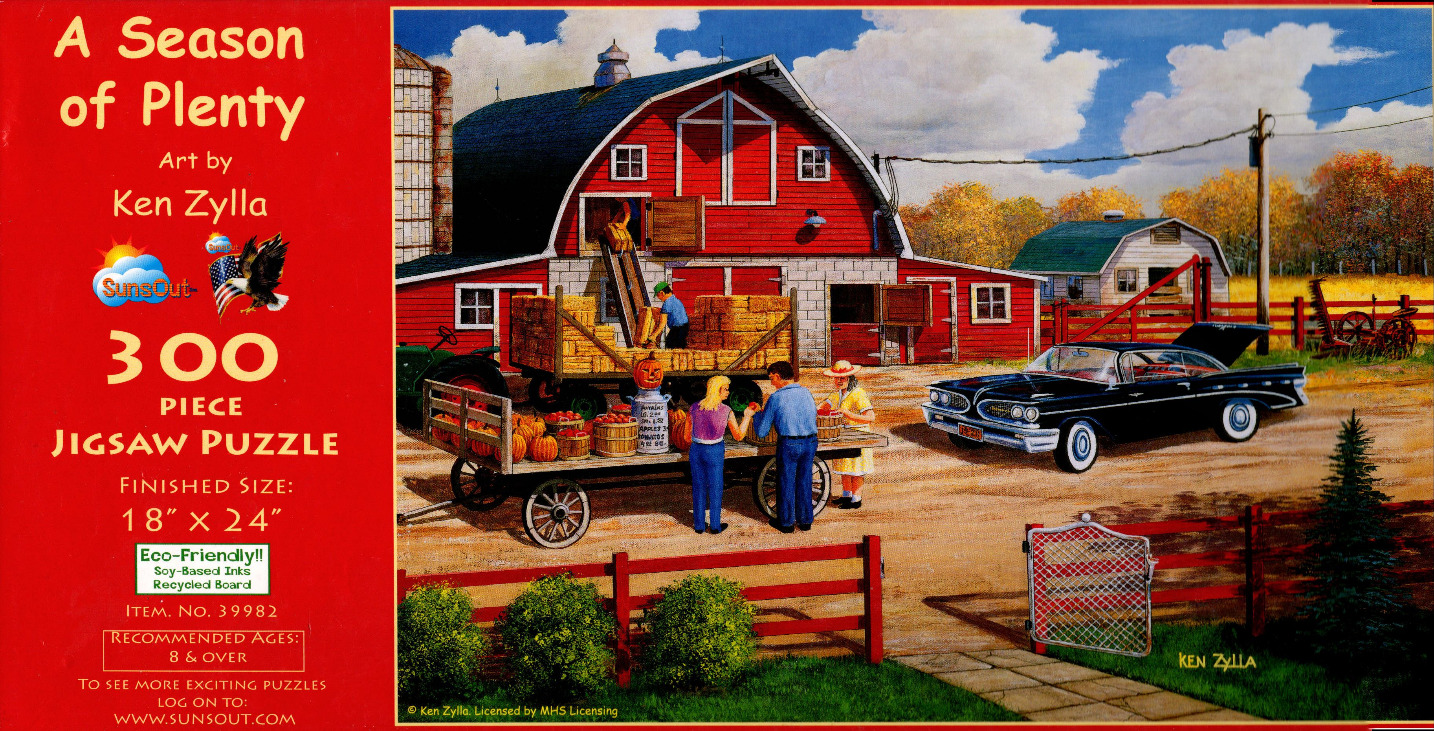 A countryside autumn farm scene featuring a large red barn, a vintage black car, and people loading produce.