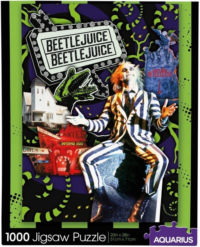 Collage of Beetlejuice imagery including the character, his house, and a marquee against a purple and green background.