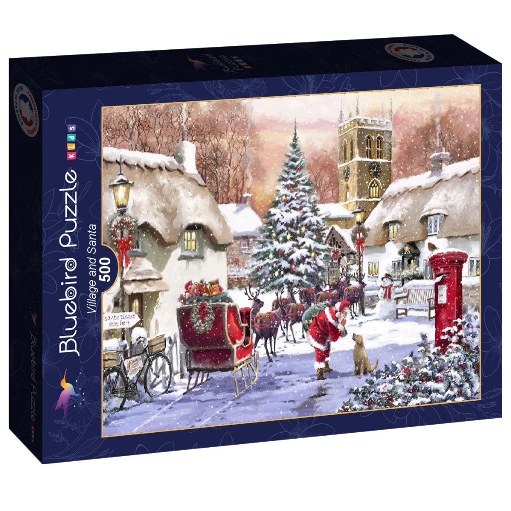 Santa Claus with his reindeer and sleigh in a snowy English village.
