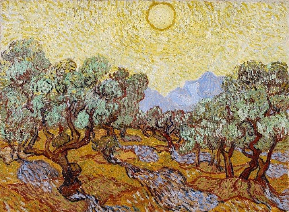 An expressive oil painting of an olive orchard under a glowing yellow sun and blue mountains.
