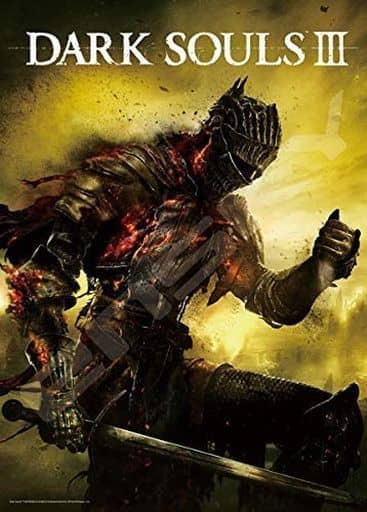A dark, armored knight stands in a dynamic pose against a glowing, smoky yellow background.