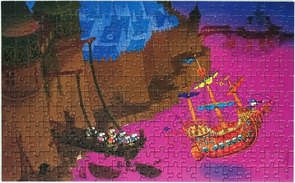 Cartoon illustration of a ship in a magenta harbor by a medieval harbor wall at night