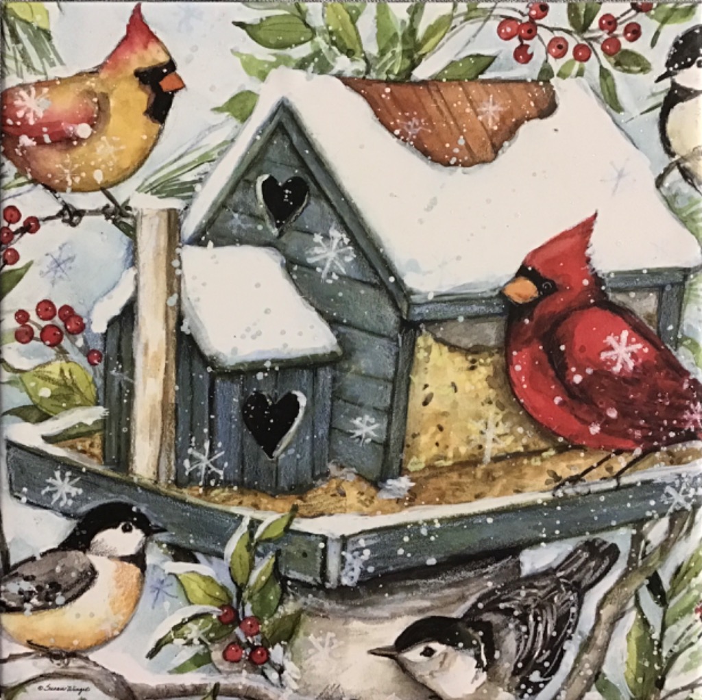 Watercolor-style painting of birds at a snow-covered birdhouse surrounded by winter foliage and berries.