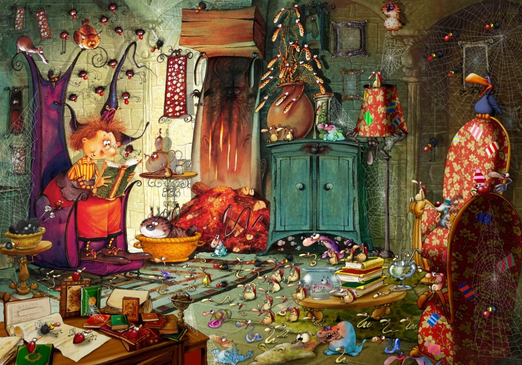 A cartoon witch reads a book in a cluttered, whimsical room filled with strange creatures and cobwebs.