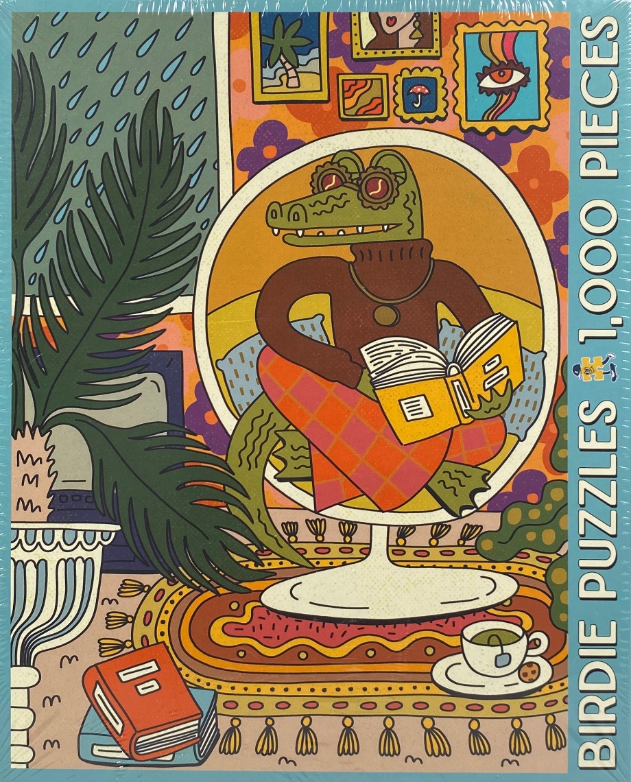 Illustration of an anthropomorphic crocodile reading a book in a cozy, retro-style room.