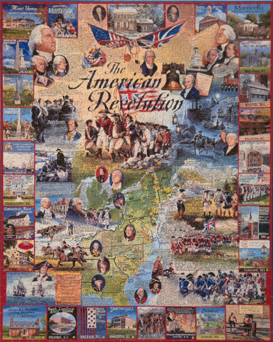 A collage map of the American Revolution featuring historical figures, battle scenes, and landmarks.