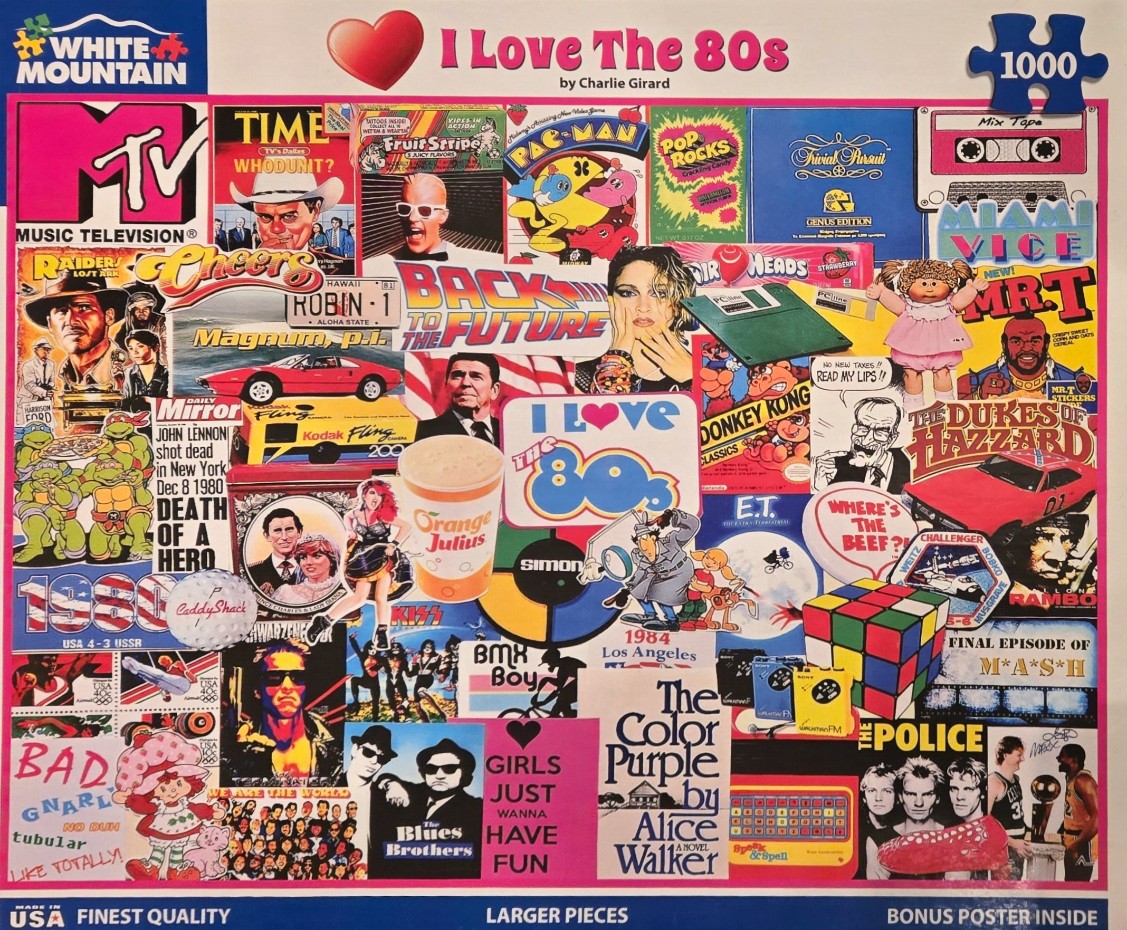 A collage of 1980s pop culture icons, including MTV, Pac-Man, E.T., Rubik’s Cube, and various television and film references.