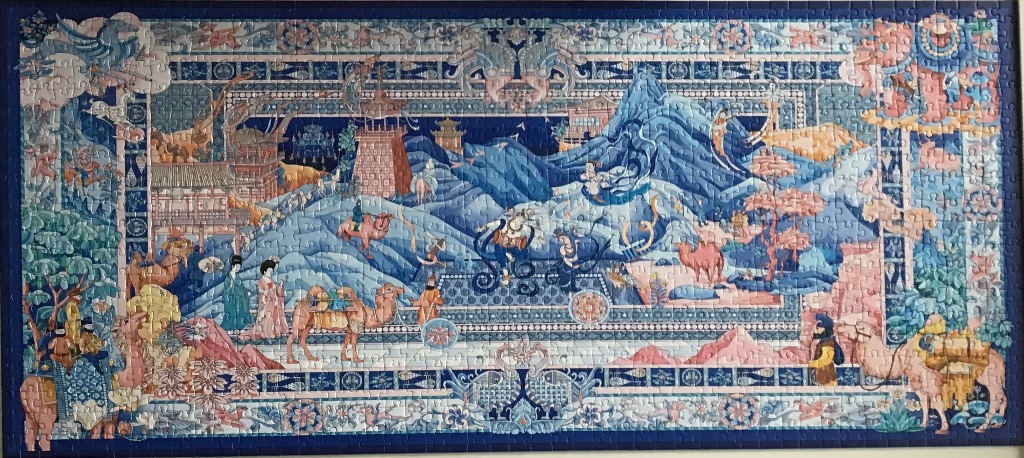 A detailed illustration in a traditional East Asian art style depicting a Silk Road caravan scene.