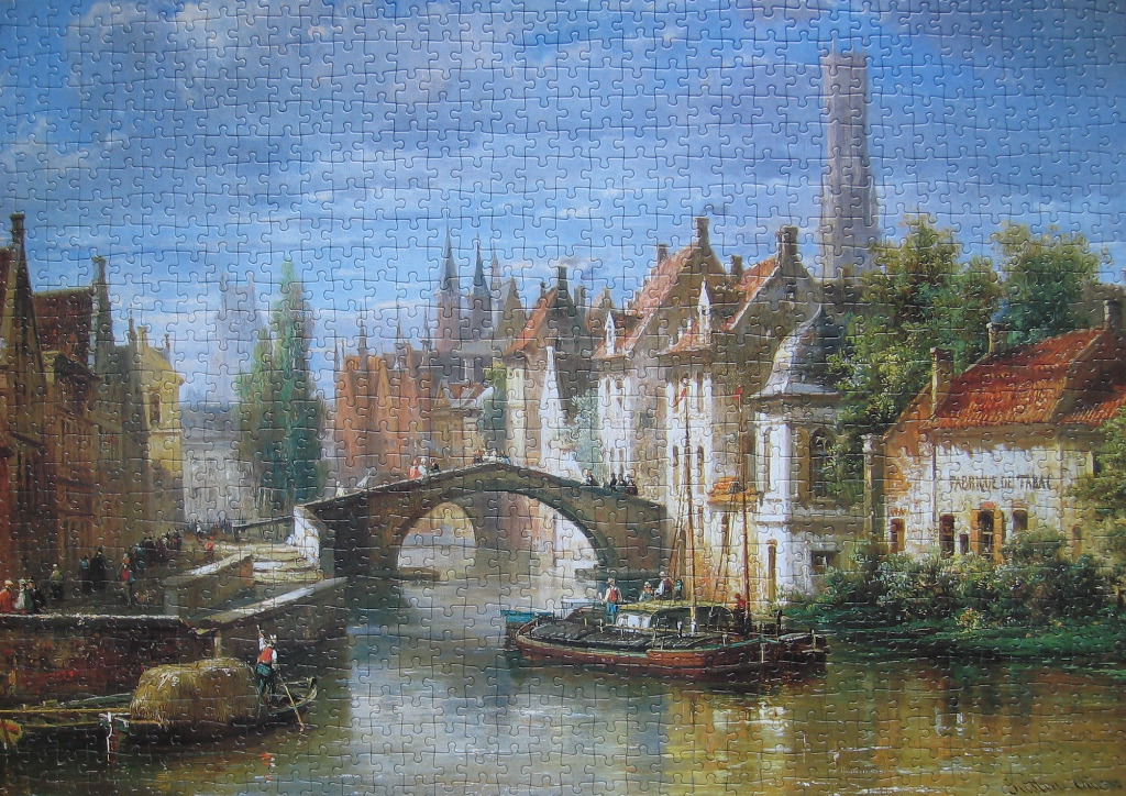 Painting of a 19th-century canal scene in a European town with a stone bridge, boats, and historic buildings.