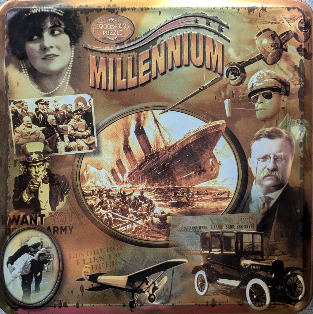 A collage of historical events and figures including the Titanic, Uncle Sam, and General MacArthur on a sepia background.