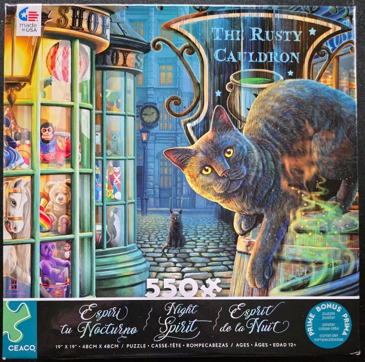 A whimsical illustration of a cat next to a magical shop called The Rusty Cauldron at night.