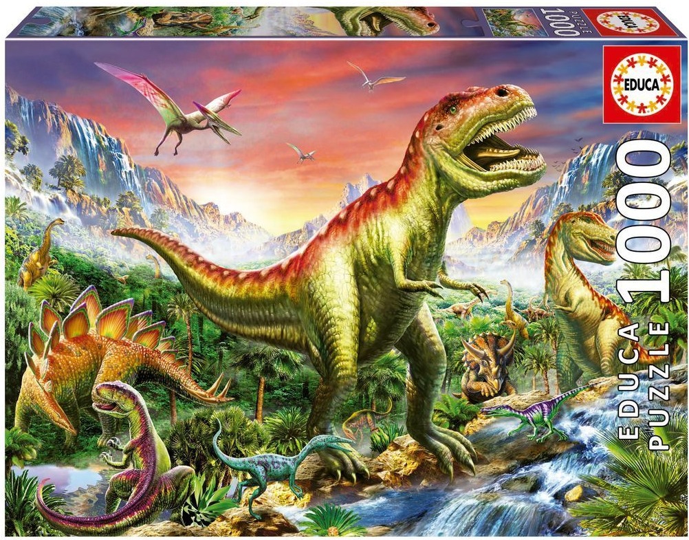 Prehistoric scene with a large Tyrannosaurus Rex surrounded by various dinosaurs in a lush, mountainous jungle landscape.