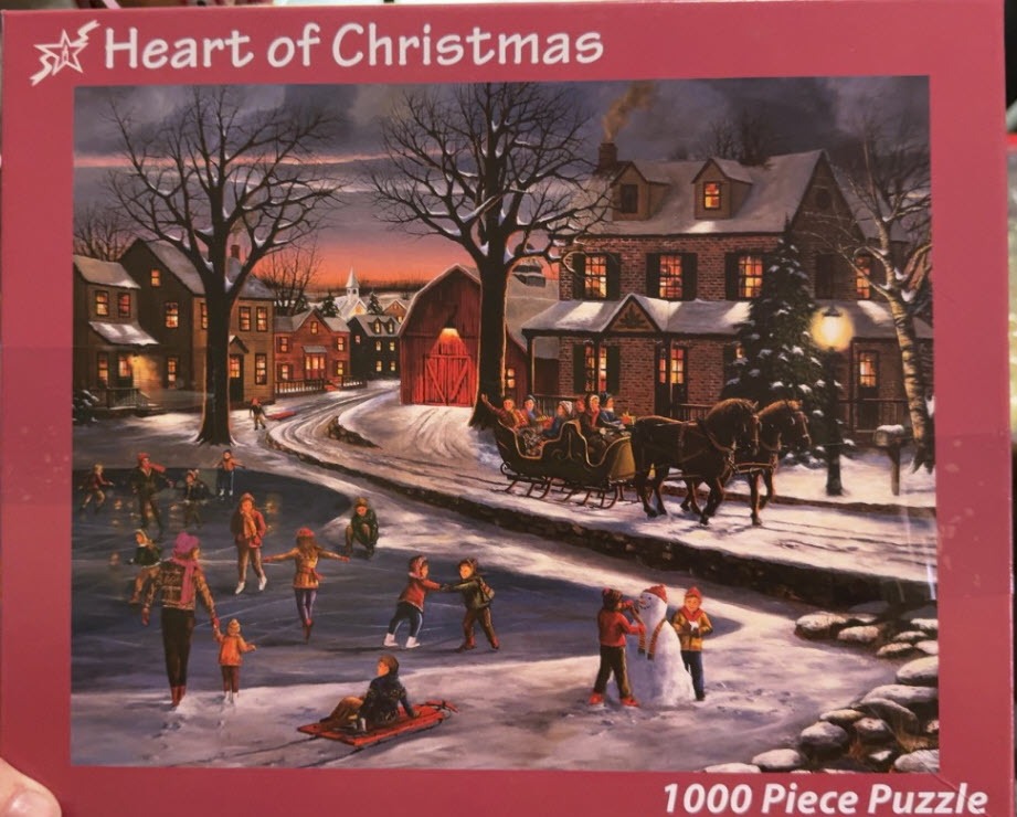 A wintry scene featuring a horse-drawn sleigh, people ice skating on a pond, and a cozy village at twilight.