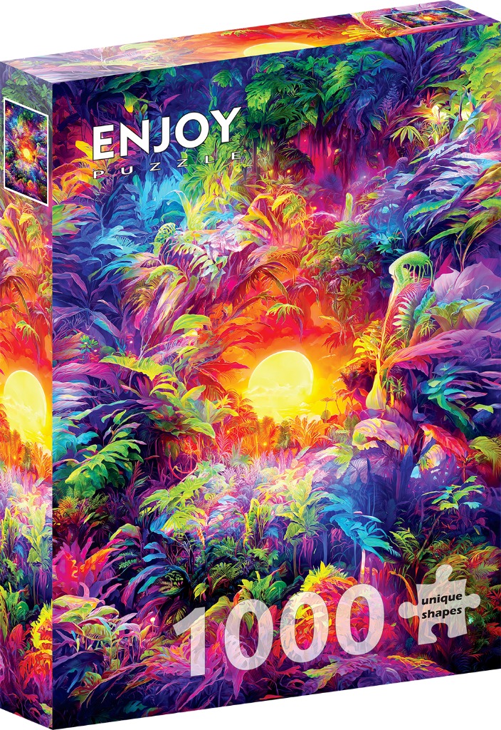 A vibrant, psychedelic jungle scene at sunset with intense neon colors.