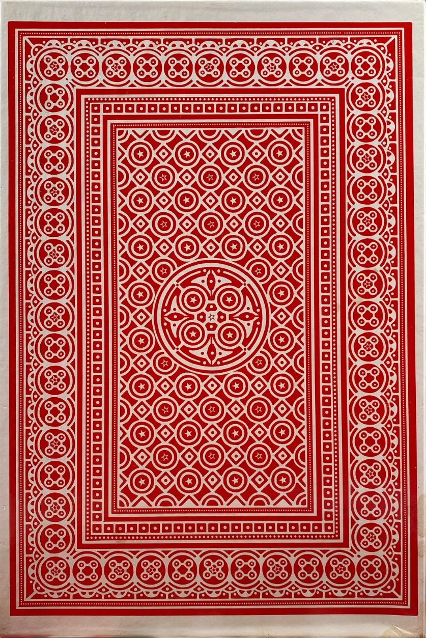 A symmetric red and white pattern inspired by a traditional playing card back design.