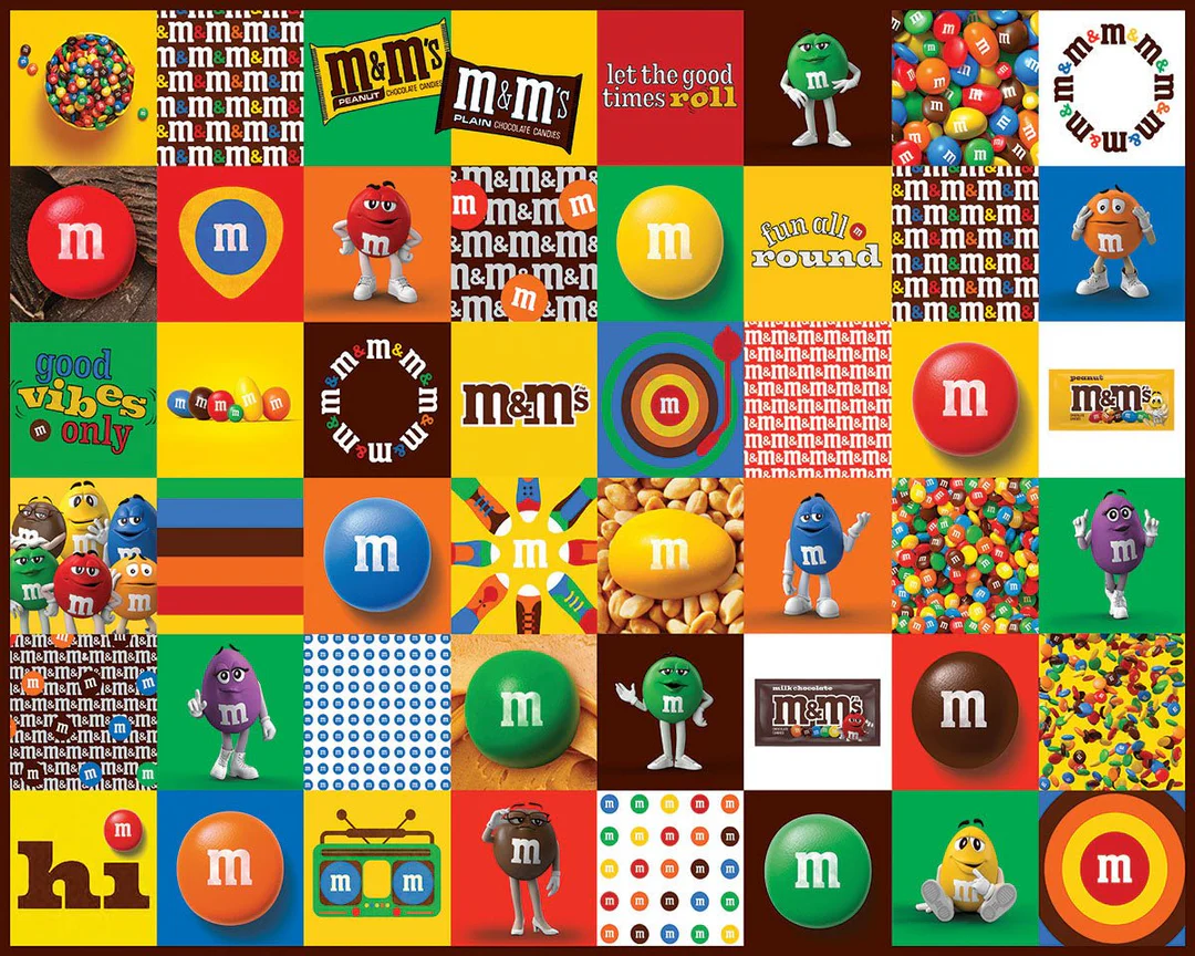 A grid of colorful squares featuring stylized candy characters, patterns, and logo designs.