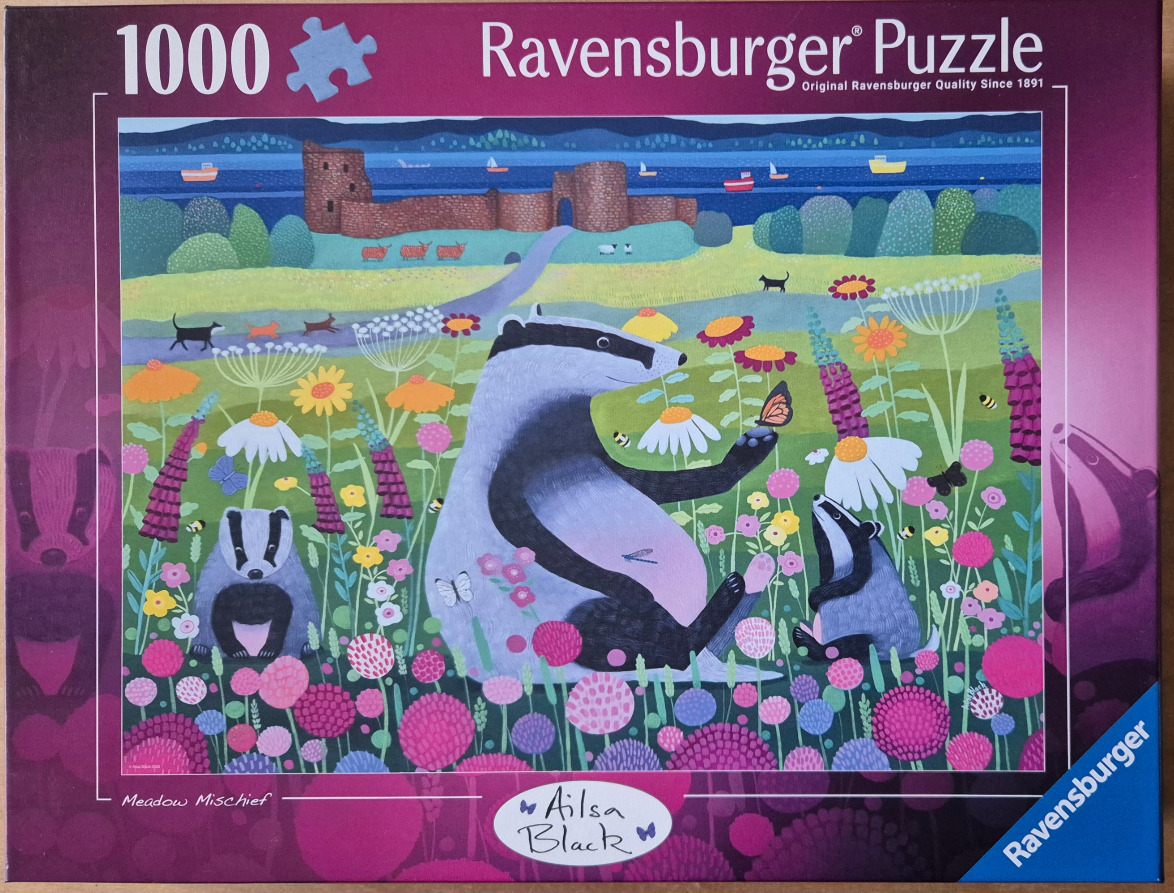 A whimsical illustration of three badgers sitting in a vibrant, flower-filled meadow near a castle and the sea.