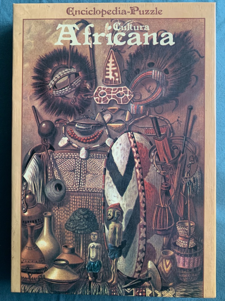 An illustration featuring a collection of African cultural artifacts including masks, a shield, carvings, and pottery.