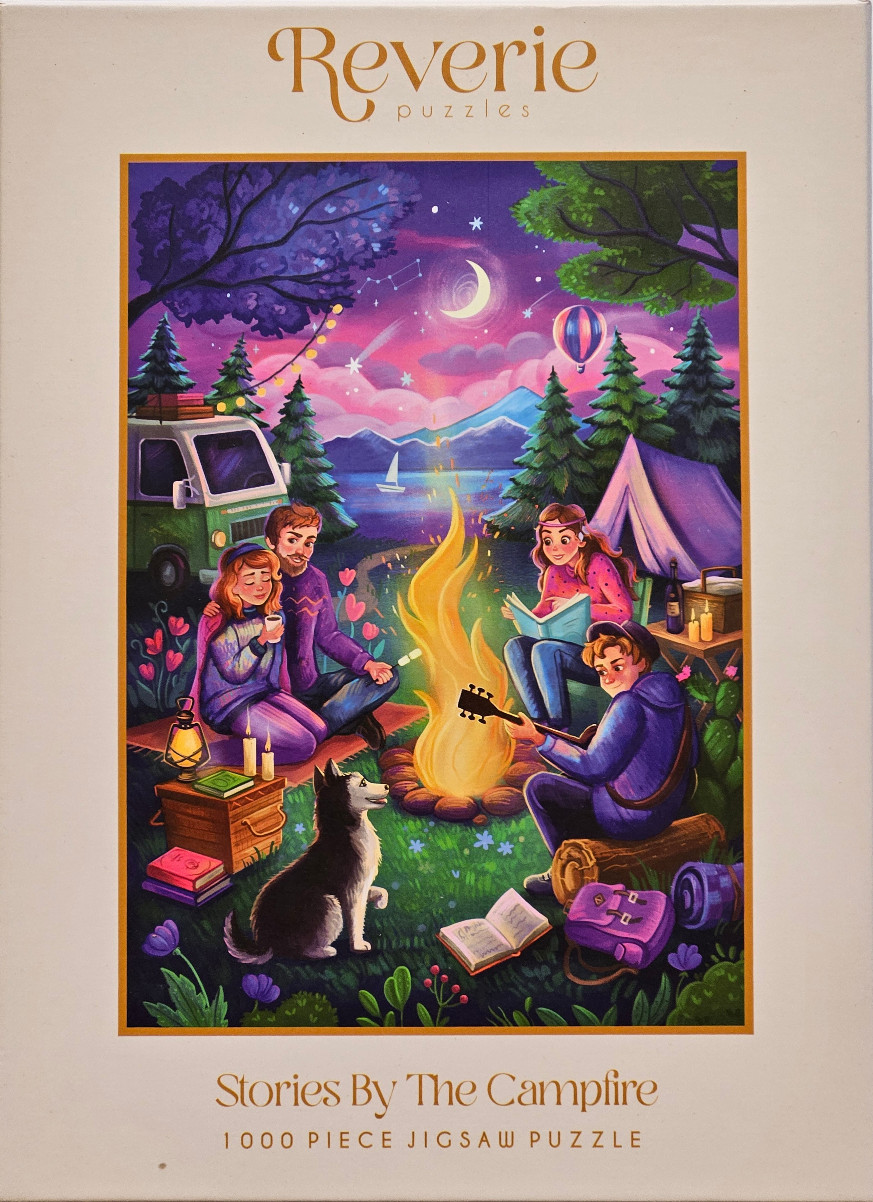 Illustration of three people and a husky dog sitting around a campfire at night in a forest clearing