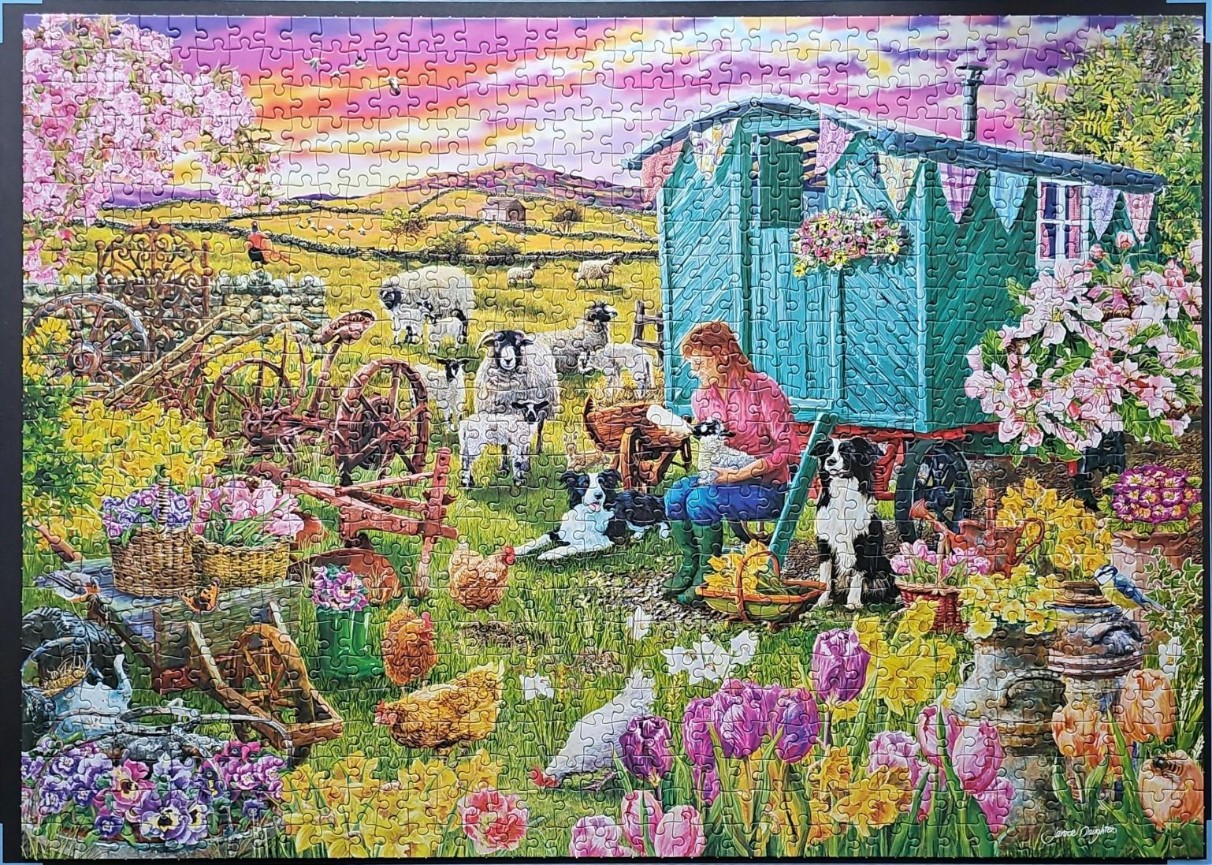 A rural scene featuring a woman feeding a lamb near a turquoise caravan, surrounded by sheep, chickens, and flowers.