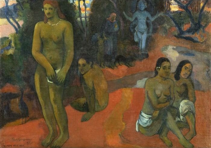 A group of Tahitian women in a tropical landscape with a ghostly blue idol in the background.