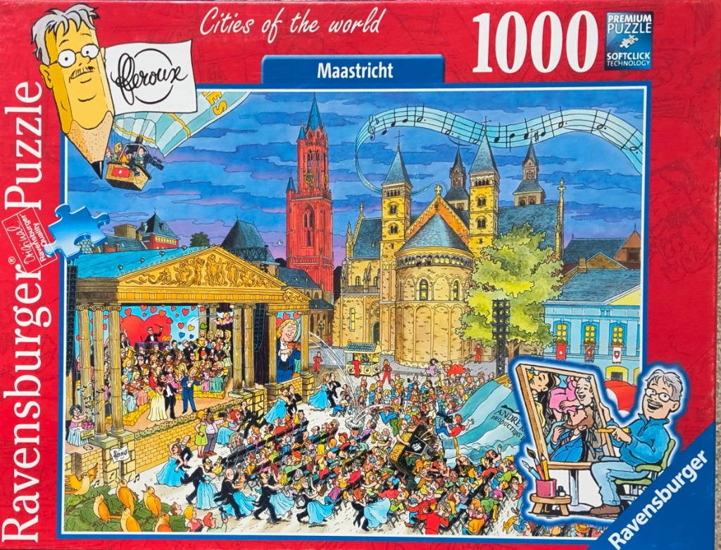 Cartoon illustration of a lively outdoor orchestra concert in Maastricht with dancing crowds and historical architecture.