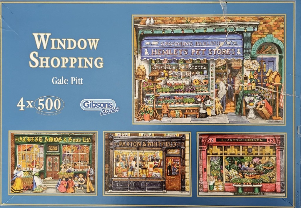 Four detailed illustrations of traditional British shop fronts: a pet store, antique shop, cheese shop, and florist.
