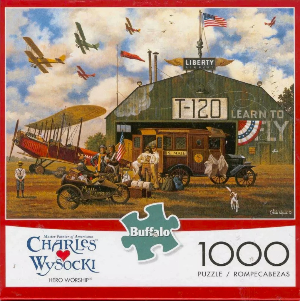 Vintage scene of biplanes at Liberty Airport with a US Mail truck and pilots
