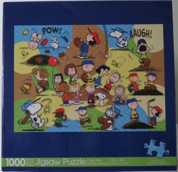 Peanuts characters playing baseball on a colorful background