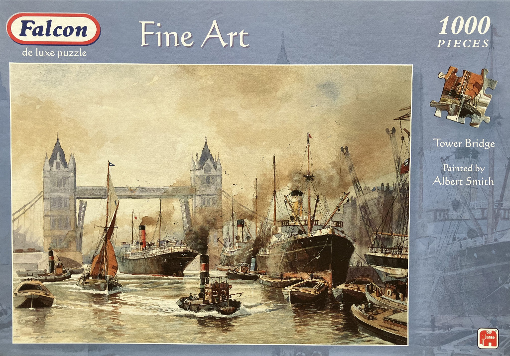 An atmospheric oil painting of the River Thames with steamships and barges in front of London's Tower Bridge.