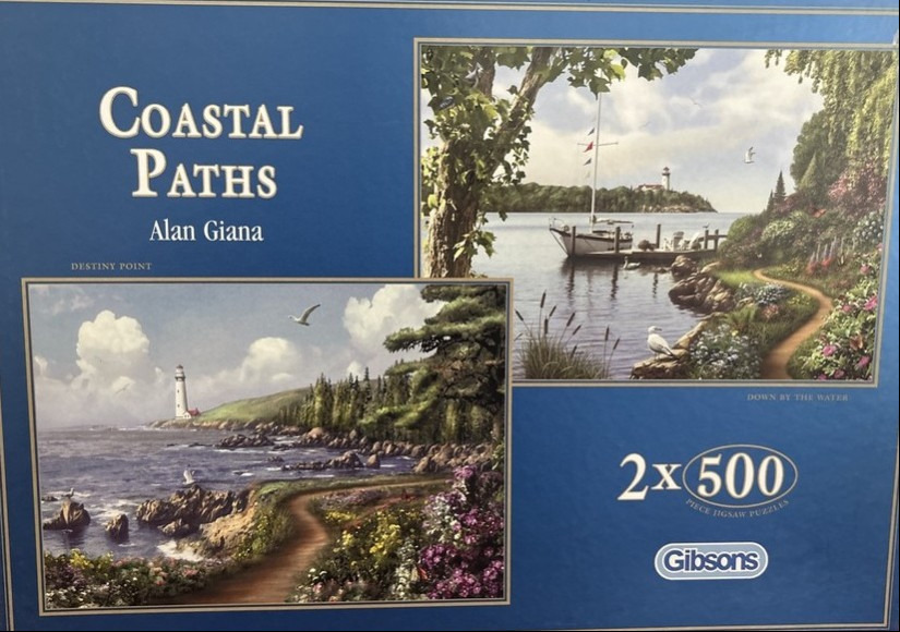 Two coastal landscape illustrations featuring lighthouses and pathways along the water.