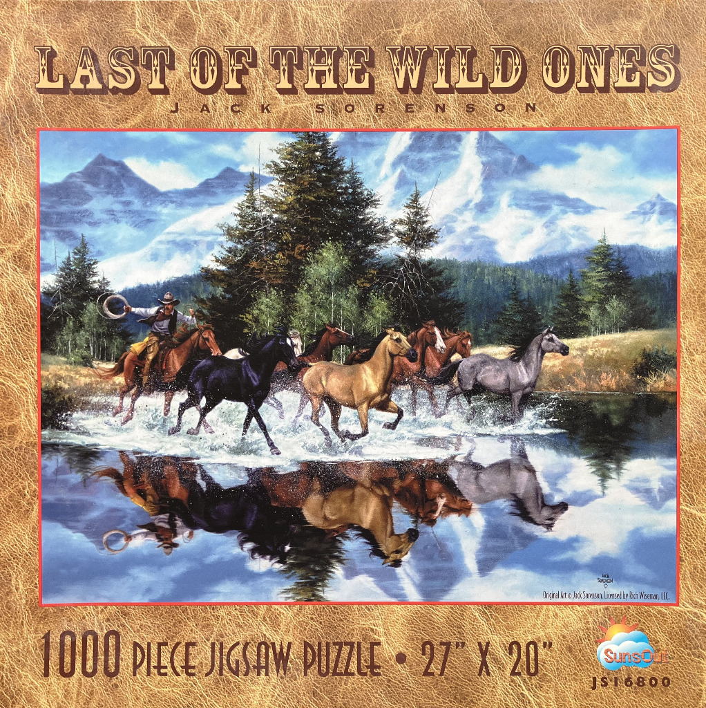 A cowboy on horseback leads a group of wild horses through a river against a backdrop of mountains.