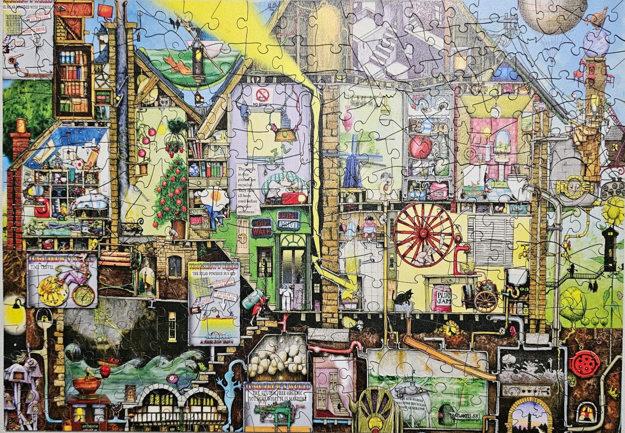 A cutaway illustration of a complex, chaotic eco-friendly house filled with bizarre machinery and whimsical characters.