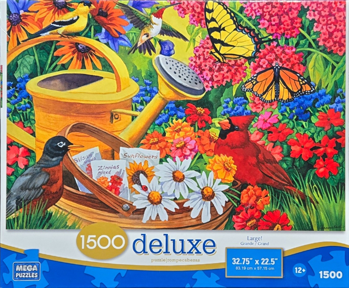 A vibrant garden scene featuring a yellow watering can, birds, butterflies, and flower seed packets in a basket.