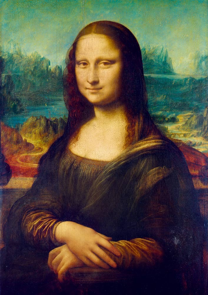 Portrait of the Mona Lisa with her hands folded in front of a landscape background