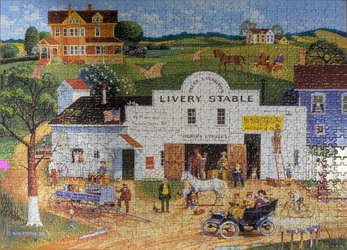 A nostalgic painting of a bustling 19th-century livery stable with horses, buggies, and a vintage automobile.