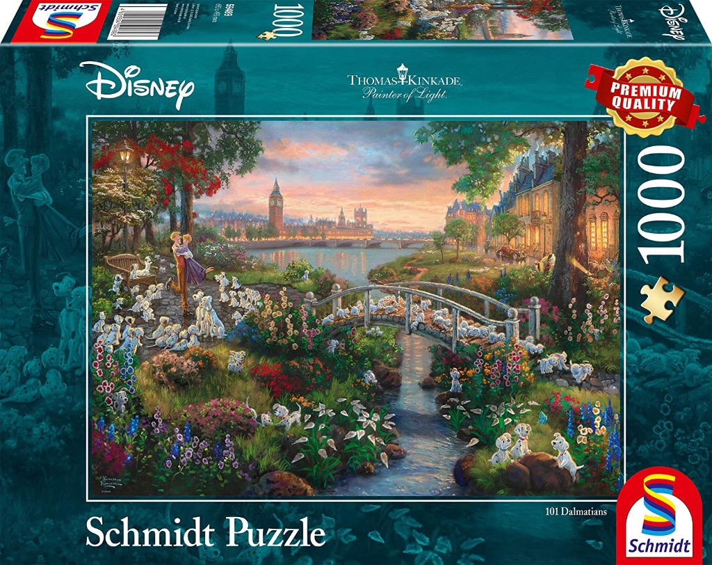 A romantic park scene in London featuring Pongo and Perdita surrounded by puppies near a stone bridge at sunset.