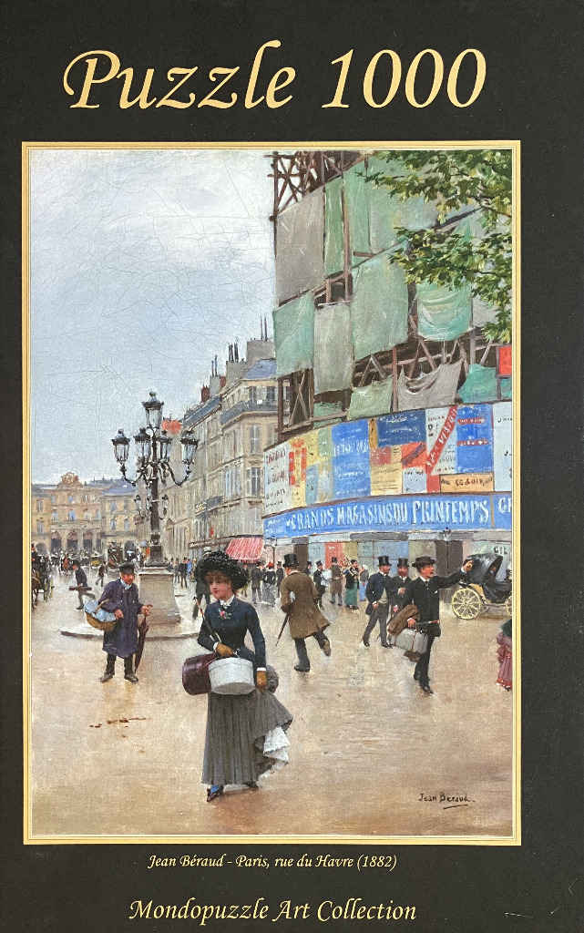 An oil painting of a busy Paris street scene in 1882 featuring a woman in the foreground and a large department store.