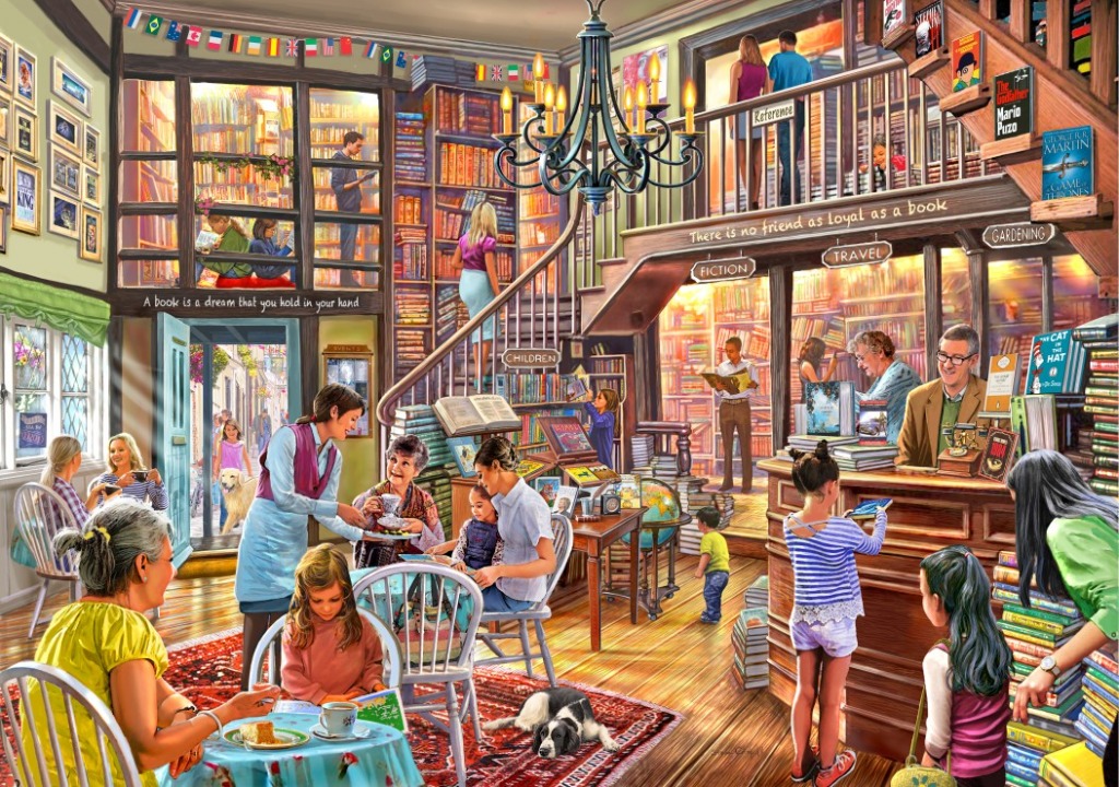 A detailed illustration of a cozy, multi-level bookstore filled with customers and books.
