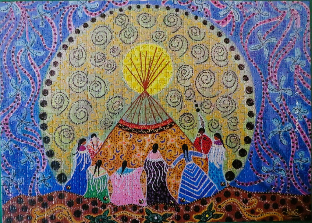 Indigenous art style illustration of a group of women standing before a tipi against a glowing moon backdrop.