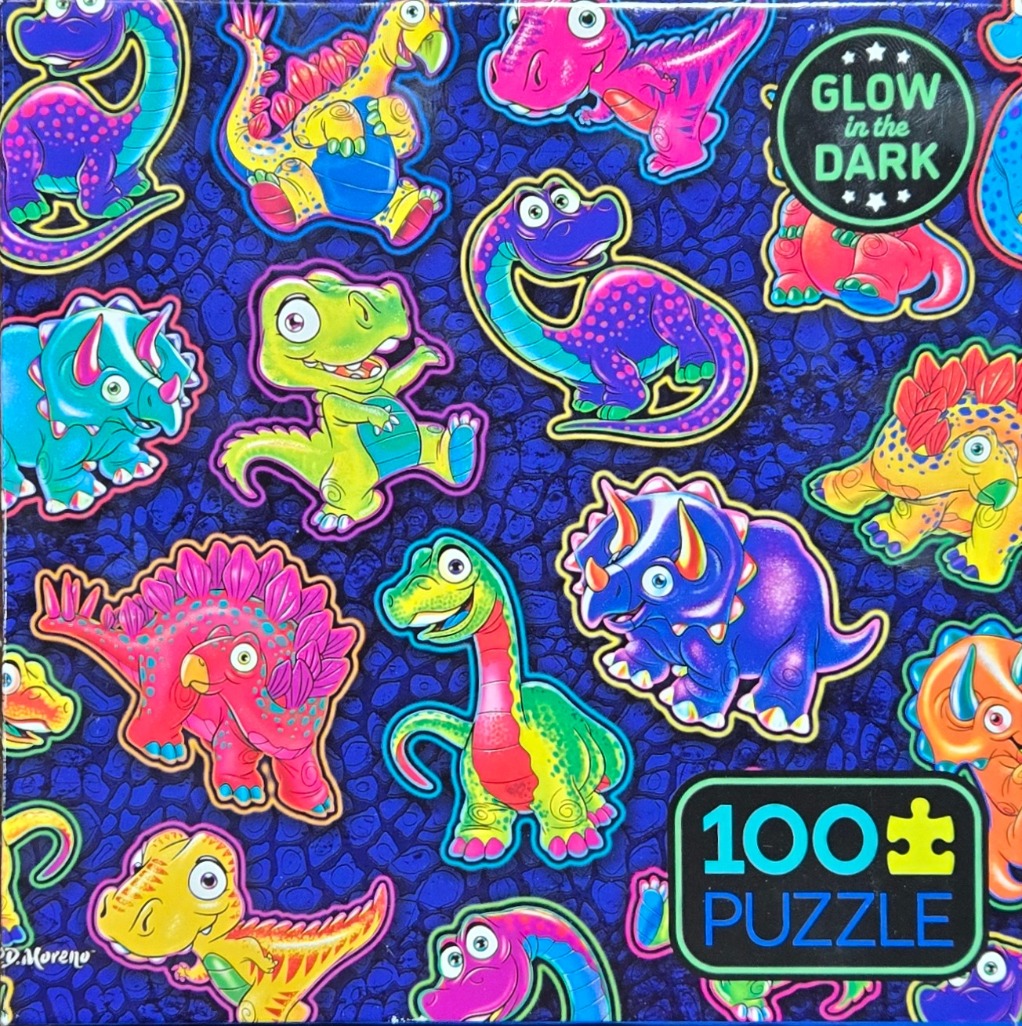 Cartoon dinosaurs in vibrant colors on a dark blue patterned background
