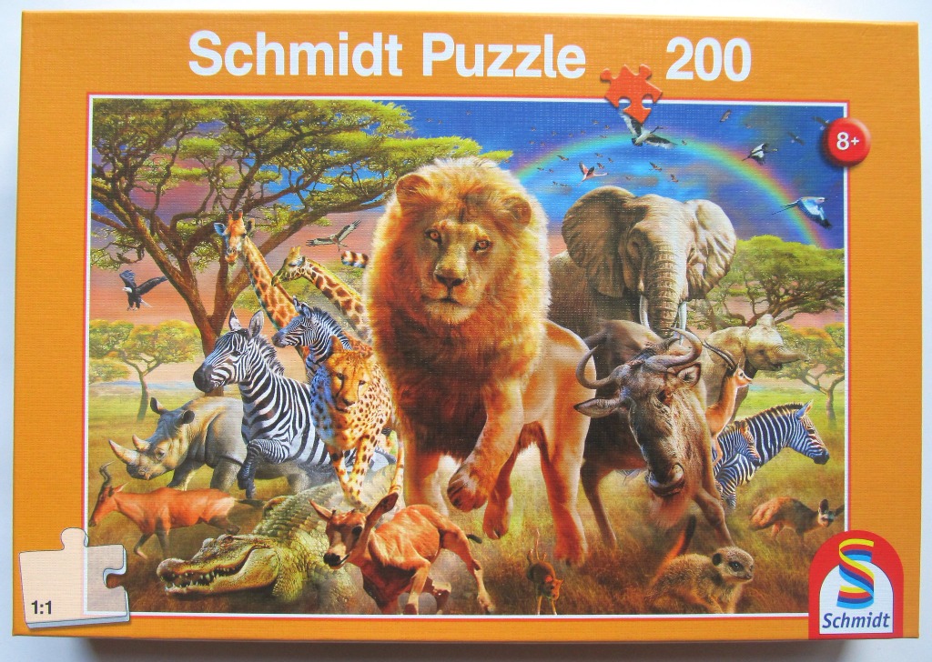 A vibrant digital illustration of a pride of African wildlife including a lion, elephant, zebra, and rhinoceros.
