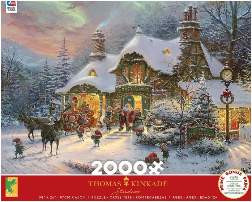 A festive illustration of Santa's workshop in a snowy forest at twilight with elves and reindeer.