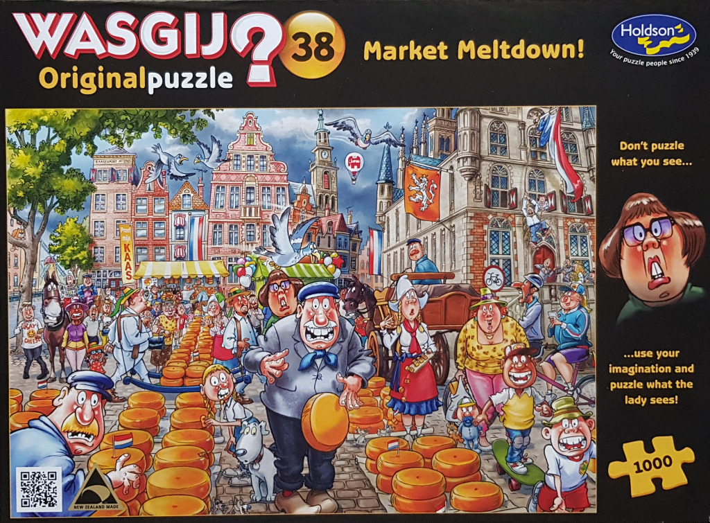 Cartoon illustration of a chaotic cheese market scene in a European town square.
