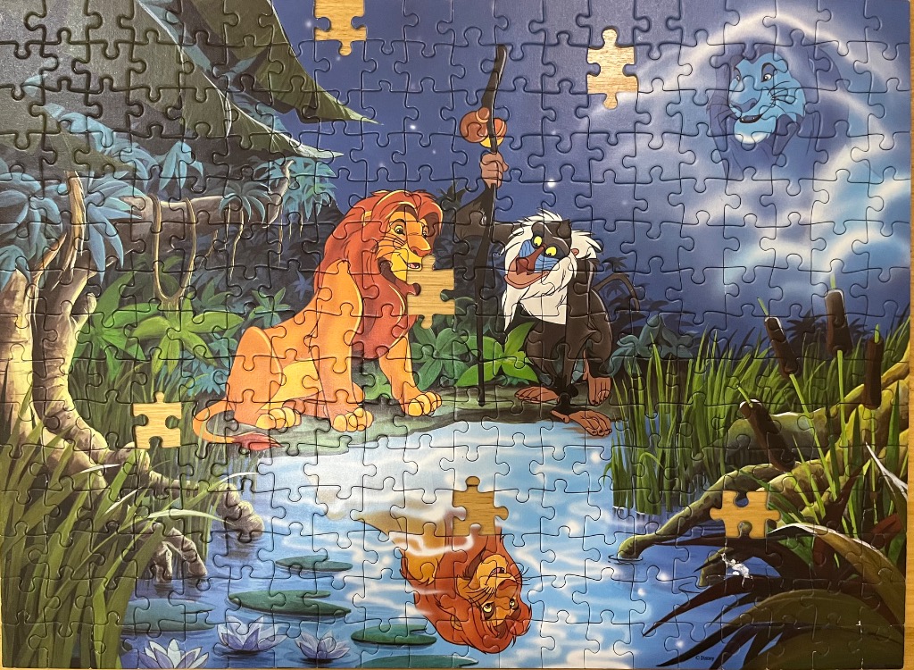 Simba and Rafiki stand by a reflective pool at night in this scene from The Lion King.